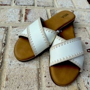 MIA White and Tan Crisscross Sandals
